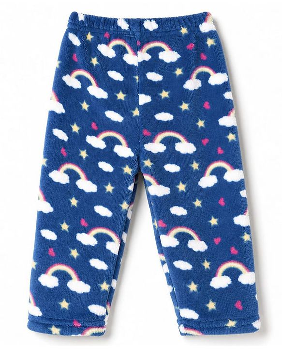 Babyhug Cotton Knit Full Sleeves Co-Ords T-Shirt & Pyjama Winter Wear Night Suit with Rainbow & Star Print - Blue
