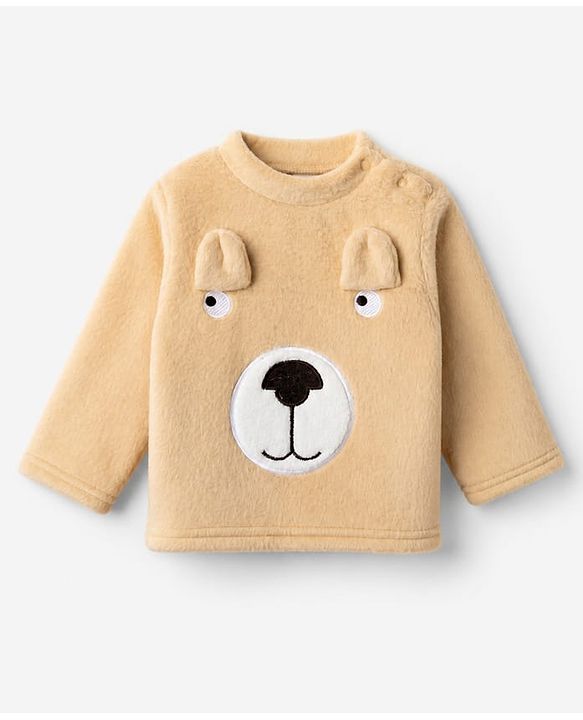 Babyhug Velour Full Sleeves T-Shirt & Pajama Winter Night Suit with Bear Print & Applique - Brown