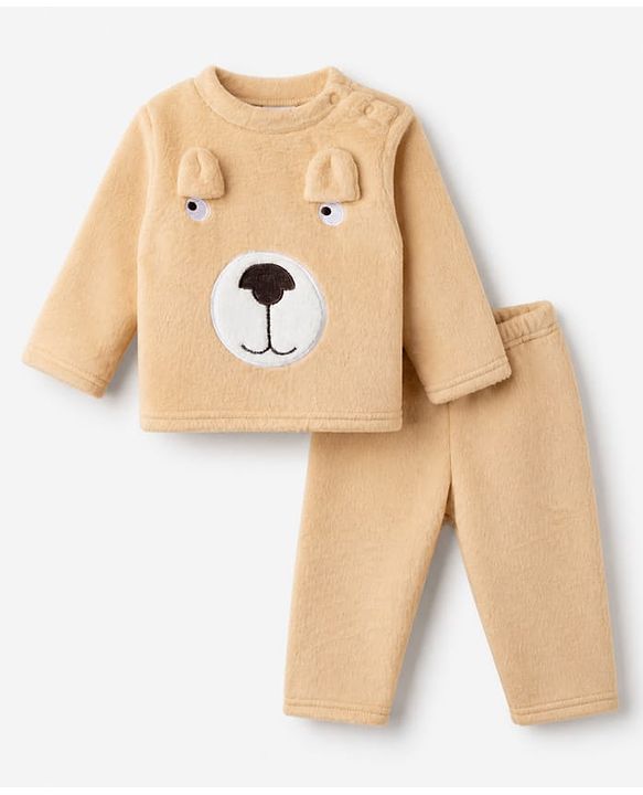 Babyhug Velour Full Sleeves T-Shirt & Pajama Winter Night Suit with Bear Print & Applique - Brown