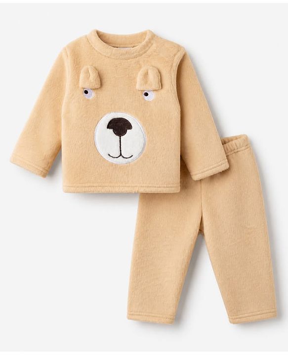 Babyhug Velour Full Sleeves T-Shirt & Pajama Winter Night Suit with Bear Print & Applique - Brown