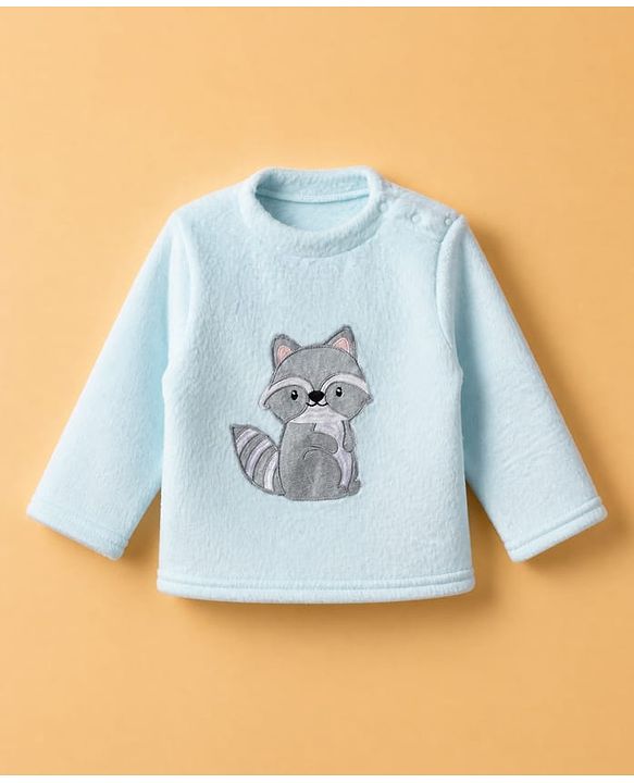 Babyhug Cotton Mixes Velour Knit Full Sleeves T-Shirt & Pajama Night Suit with Raccoon Patch - Blue