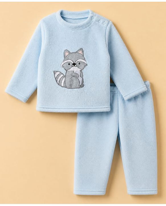 Babyhug Cotton Mixes Velour Knit Full Sleeves T-Shirt & Pajama Night Suit with Raccoon Patch - Blue