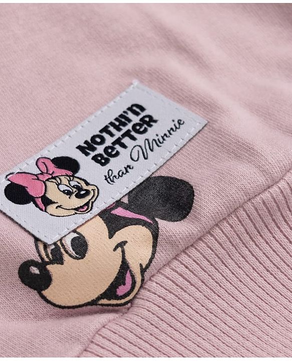 Babyhug Disney 100% Cotton Terry Knit Full Sleeves Peter-Pan Collar T-Shirt and Jogger with Minnie Mouse Print & Patch - Pink
