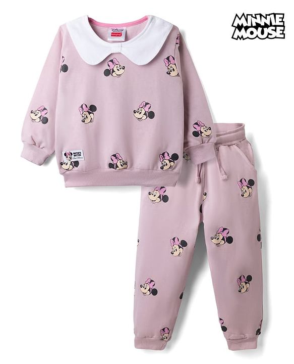 Babyhug Disney 100% Cotton Terry Knit Full Sleeves Peter-Pan Collar T-Shirt and Jogger with Minnie Mouse Print & Patch - Pink