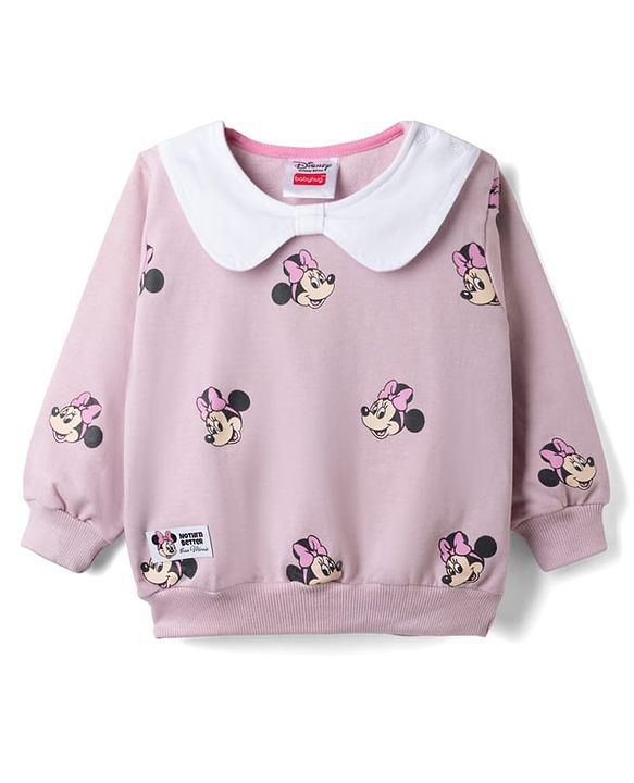 Babyhug Disney 100% Cotton Terry Knit Full Sleeves Peter-Pan Collar T-Shirt and Jogger with Minnie Mouse Print & Patch - Pink