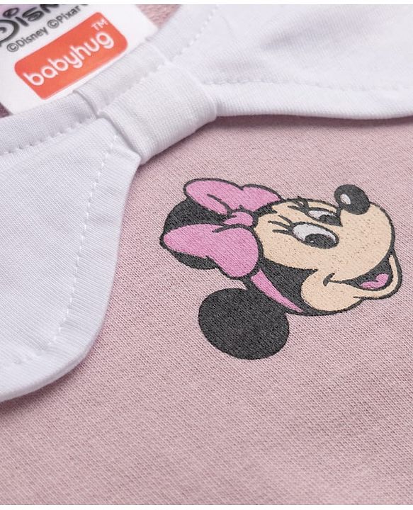 Babyhug Disney 100% Cotton Terry Knit Full Sleeves Peter-Pan Collar T-Shirt and Jogger with Minnie Mouse Print & Patch - Pink
