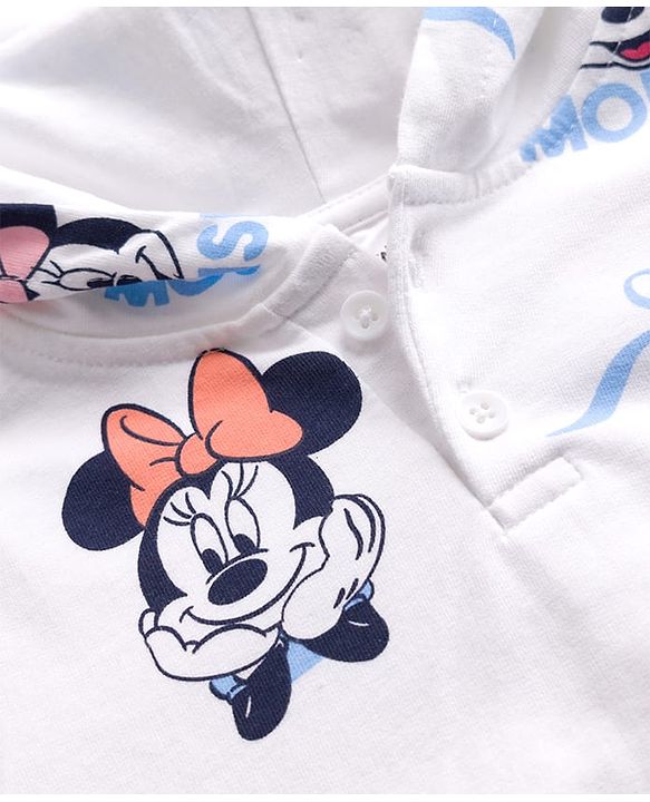 Babyhug Disney 100% Cotton Knit Full Sleeves Hooded Co-Ords T-Shirt & Pant Set With Minnie Mouse Graphics - White