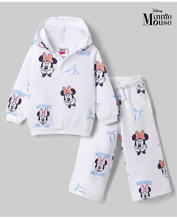 Babyhug Disney 100% Cotton Knit Full Sleeves Hooded Co-Ords T-Shirt & Pant Set With Minnie Mouse Graphics - White