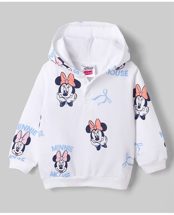 Babyhug Disney 100% Cotton Knit Full Sleeves Hooded Co-Ords T-Shirt & Pant Set With Minnie Mouse Graphics - White