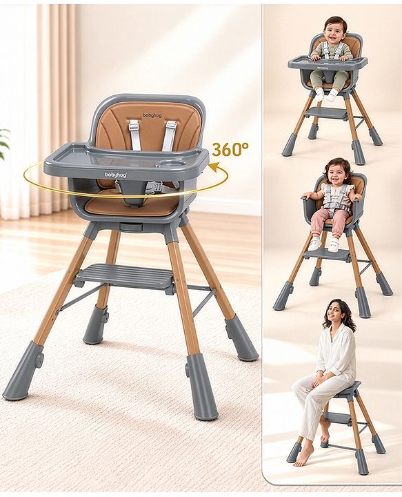 Babyhug Zenith High Chair 360° Rotating Seat - Dark Grey| Adjustable Height & Footrest| Removable Double Food Tray| PU Cushion| Anti-Slip Base| 6 Months+ | Convert to Adult Stool| Safety Harness