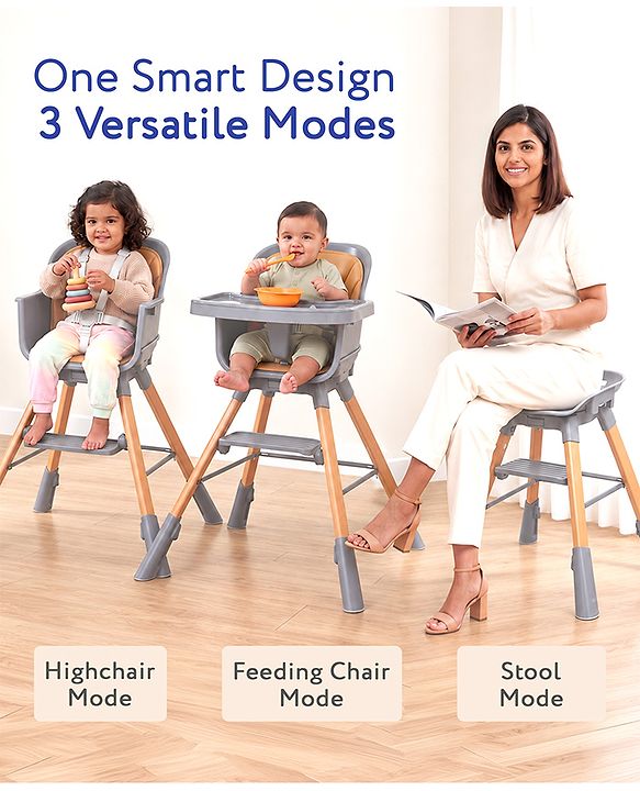 Babyhug Zenith High Chair 360° Rotating Seat - Dark Grey| Adjustable Height & Footrest| Removable Double Food Tray| PU Cushion| Anti-Slip Base| 6 Months+ | Convert to Adult Stool| Safety Harness