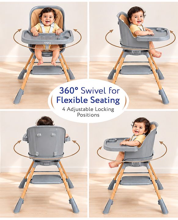 Babyhug Zenith High Chair 360° Rotating Seat - Dark Grey| Adjustable Height & Footrest| Removable Double Food Tray| PU Cushion| Anti-Slip Base| 6 Months+ | Convert to Adult Stool| Safety Harness