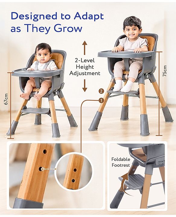 Babyhug Zenith High Chair 360° Rotating Seat - Dark Grey| Adjustable Height & Footrest| Removable Double Food Tray| PU Cushion| Anti-Slip Base| 6 Months+ | Convert to Adult Stool| Safety Harness