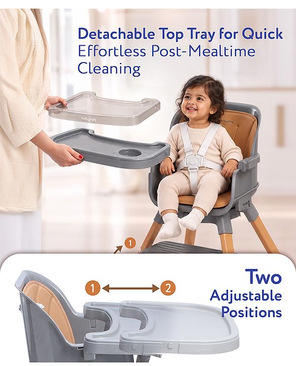 Babyhug Zenith High Chair 360° Rotating Seat - Dark Grey| Adjustable Height & Footrest| Removable Double Food Tray| PU Cushion| Anti-Slip Base| 6 Months+ | Convert to Adult Stool| Safety Harness