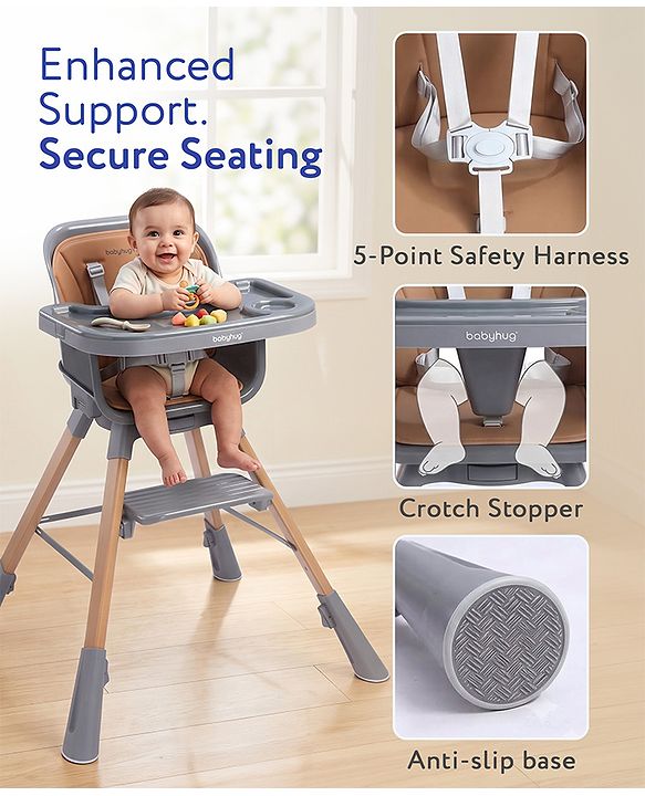 Babyhug Zenith High Chair 360° Rotating Seat - Dark Grey| Adjustable Height & Footrest| Removable Double Food Tray| PU Cushion| Anti-Slip Base| 6 Months+ | Convert to Adult Stool| Safety Harness