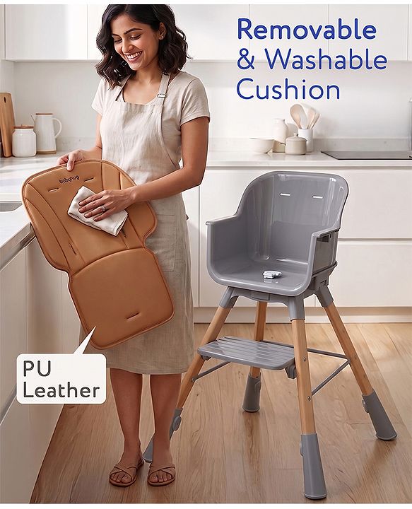 Babyhug Zenith High Chair 360° Rotating Seat - Dark Grey| Adjustable Height & Footrest| Removable Double Food Tray| PU Cushion| Anti-Slip Base| 6 Months+ | Convert to Adult Stool| Safety Harness