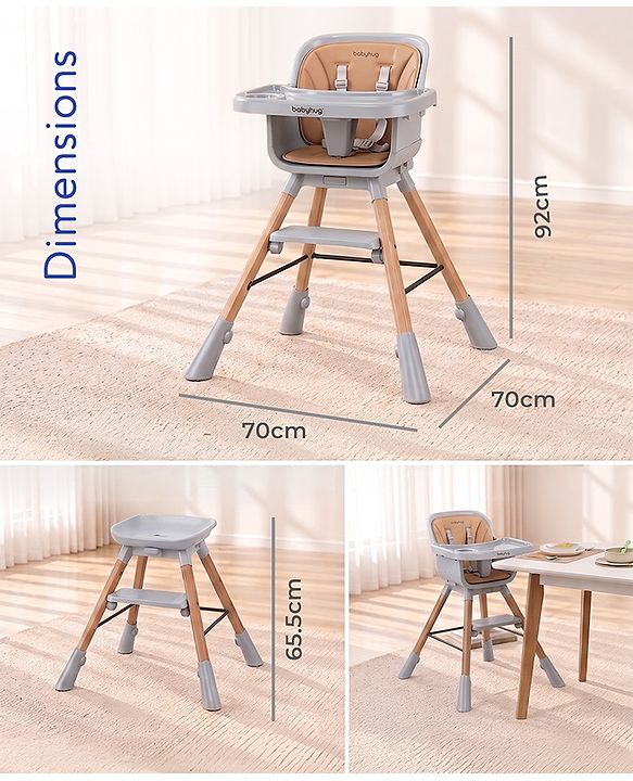 Babyhug Zenith High Chair 360° Rotating Seat - Dark Grey| Adjustable Height & Footrest| Removable Double Food Tray| PU Cushion| Anti-Slip Base| 6 Months+ | Convert to Adult Stool| Safety Harness