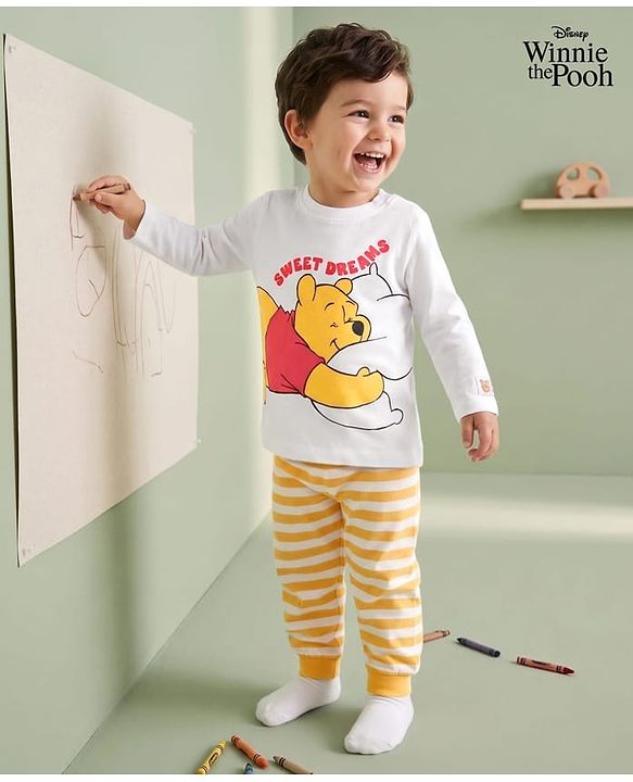 Babyhug Disney Single Jersey Knit Full Sleeves T-Shirt & Striped Pyjama Nightsuit with Winnie The Pooh Graphic - White