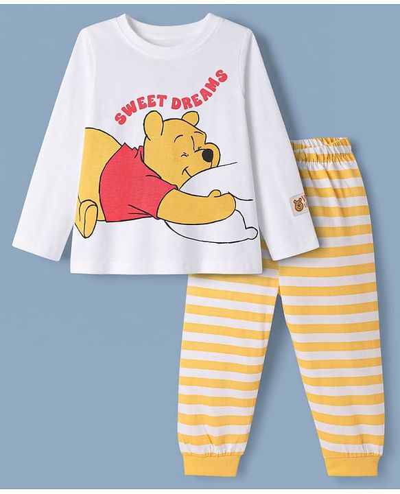 Babyhug Disney Single Jersey Knit Full Sleeves T-Shirt & Striped Pyjama Nightsuit with Winnie The Pooh Graphic - White