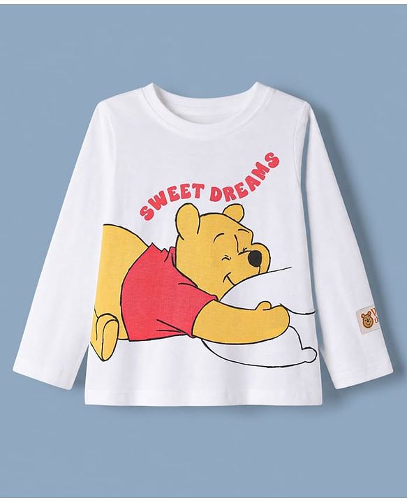 Babyhug Disney Single Jersey Knit Full Sleeves T-Shirt & Striped Pyjama Nightsuit with Winnie The Pooh Graphic - White