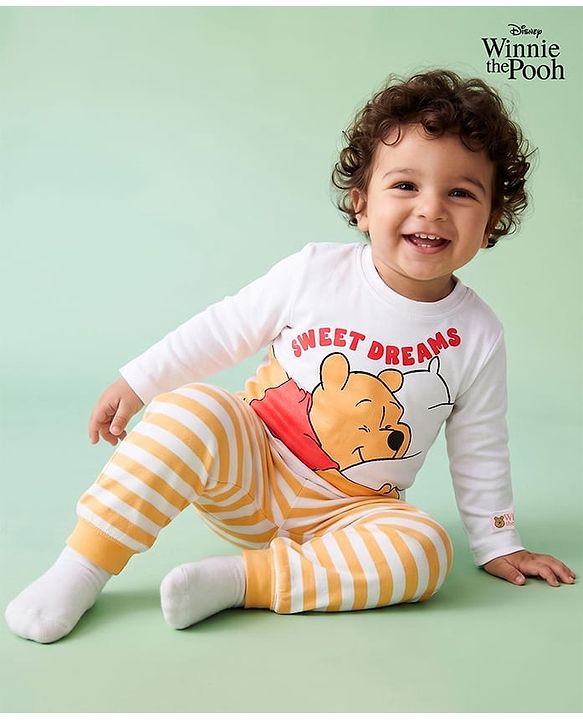 Babyhug Disney Single Jersey Knit Full Sleeves T-Shirt & Striped Pyjama Nightsuit with Winnie The Pooh Graphic - White