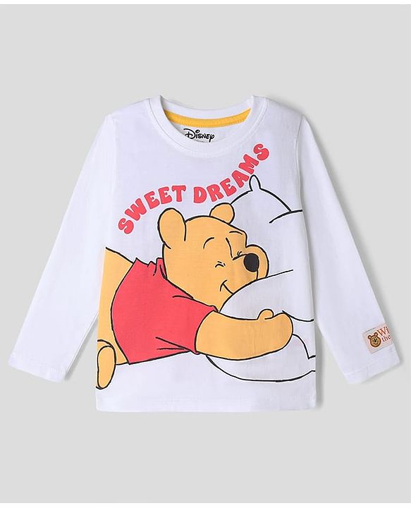 Babyhug Disney Single Jersey Knit Full Sleeves T-Shirt & Striped Pyjama Nightsuit with Winnie The Pooh Graphic - White
