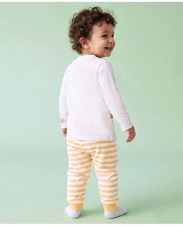 Babyhug Disney Single Jersey Knit Full Sleeves T-Shirt & Striped Pyjama Nightsuit with Winnie The Pooh Graphic - White