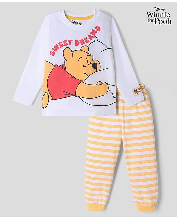 Babyhug Disney Single Jersey Knit Full Sleeves T-Shirt & Striped Pyjama Nightsuit with Winnie The Pooh Graphic - White