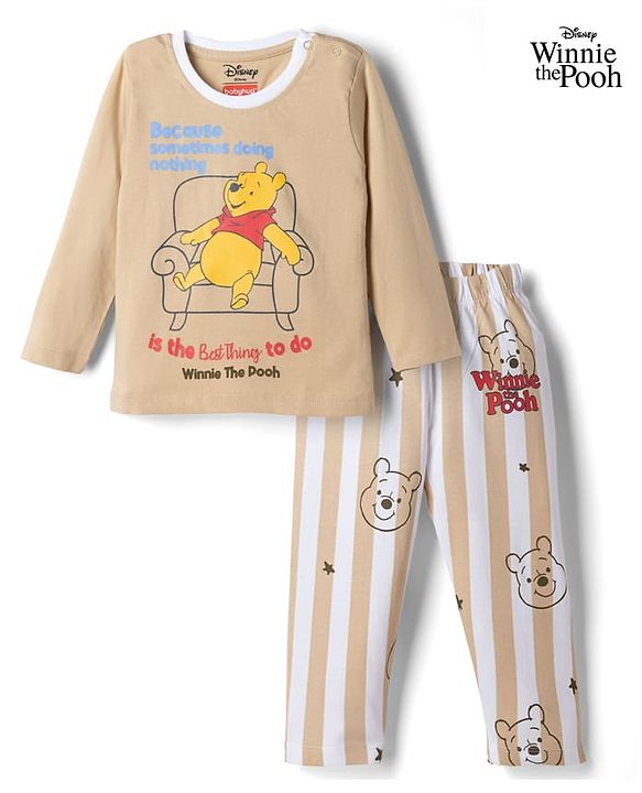 Babyhug Disney Single Jersey Knit Full Sleeves T-Shirt & Pyjama Night Suit Set With Winnie The Pooh Graphic & Text Print - Beige