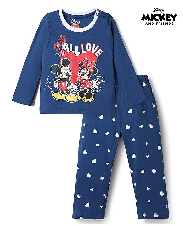 Babyhug Disney Single Jersey Knit Full Sleeves T-Shirt & Pyjama Night Suit with Heart & Minnie Mouse Family Graphics - Navy Blue