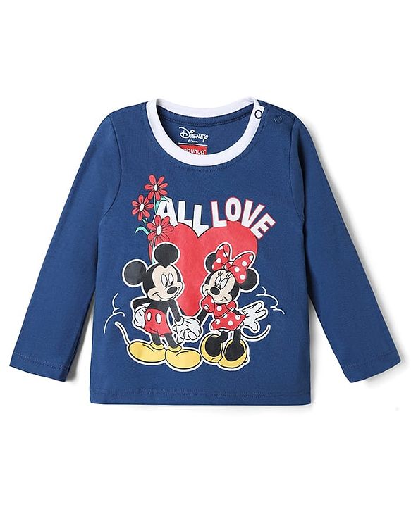 Babyhug Disney Single Jersey Knit Full Sleeves T-Shirt & Pyjama Night Suit with Heart & Minnie Mouse Family Graphics - Navy Blue