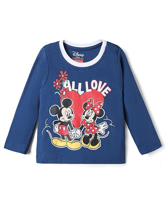 Babyhug Disney Single Jersey Knit Full Sleeves T-Shirt & Pyjama Night Suit with Heart & Minnie Mouse Family Graphics - Navy Blue