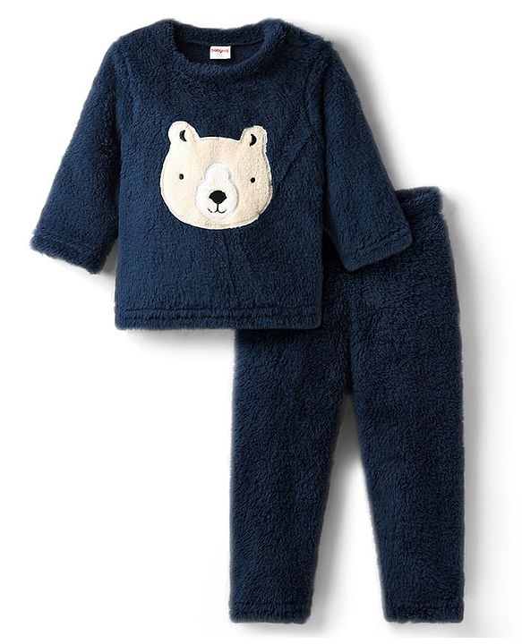 Babyhug Cotton Mixes Velour Knit Full Sleeves T-Shirt & Pajama Night Suit with Bear Patch - Navy Blue