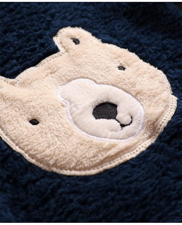 Babyhug Cotton Mixes Velour Knit Full Sleeves T-Shirt & Pajama Night Suit with Bear Patch - Navy Blue