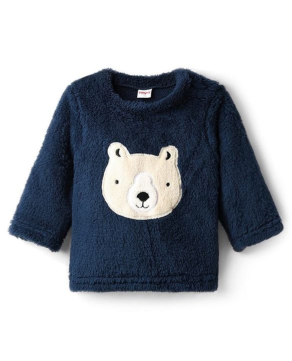 Babyhug Cotton Mixes Velour Knit Full Sleeves T-Shirt & Pajama Night Suit with Bear Patch - Navy Blue