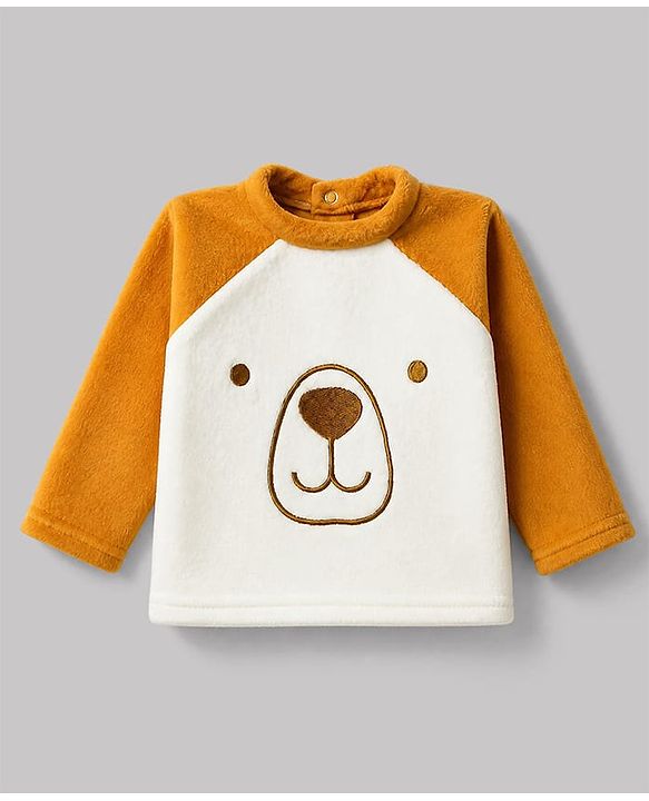 Babyhug Cotton Knit Full Sleeves T-Shirt & Pyjama Winter Wear Night Suit with Bear Embroidery - Orange
