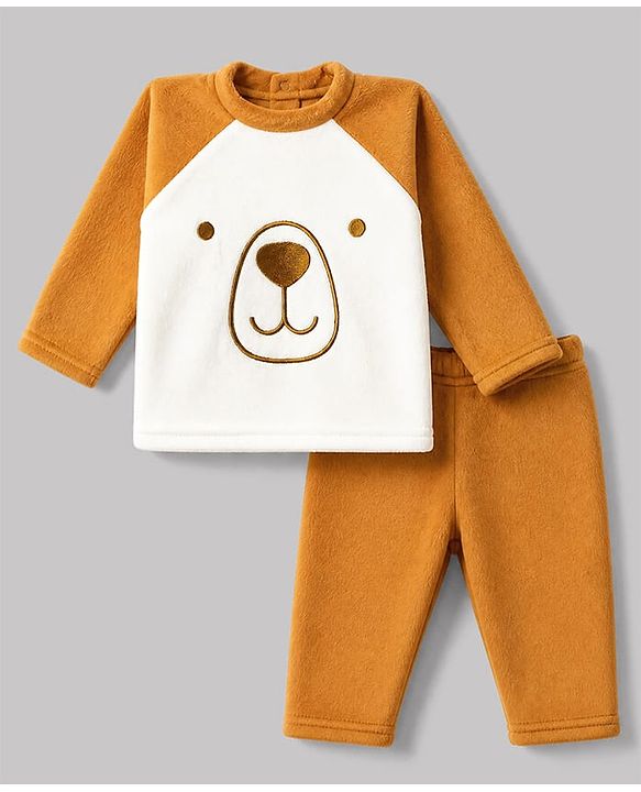Babyhug Cotton Knit Full Sleeves T-Shirt & Pyjama Winter Wear Night Suit with Bear Embroidery - Orange