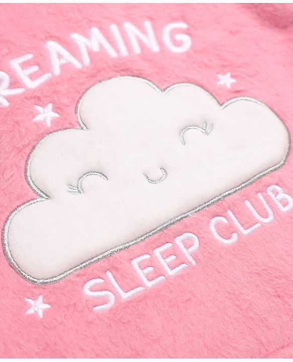 Babyhug Velour Cotton Mix Knit Full Sleeves Winter Wear Night Suit With Text & Cloud Print - Pink