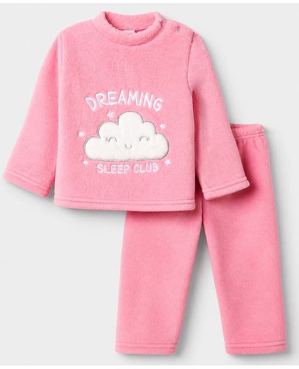 Babyhug Velour Cotton Mix Knit Full Sleeves Winter Wear Night Suit With Text & Cloud Print - Pink