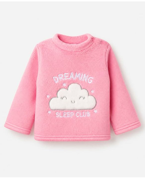 Babyhug Velour Cotton Mix Knit Full Sleeves Winter Wear Night Suit With Text & Cloud Print - Pink
