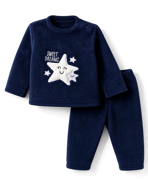 Babyhug Velour Knit Full Sleeves T-Shirt & Pyjama Winter Wear Night Suit with Star Patch - Navy Blue