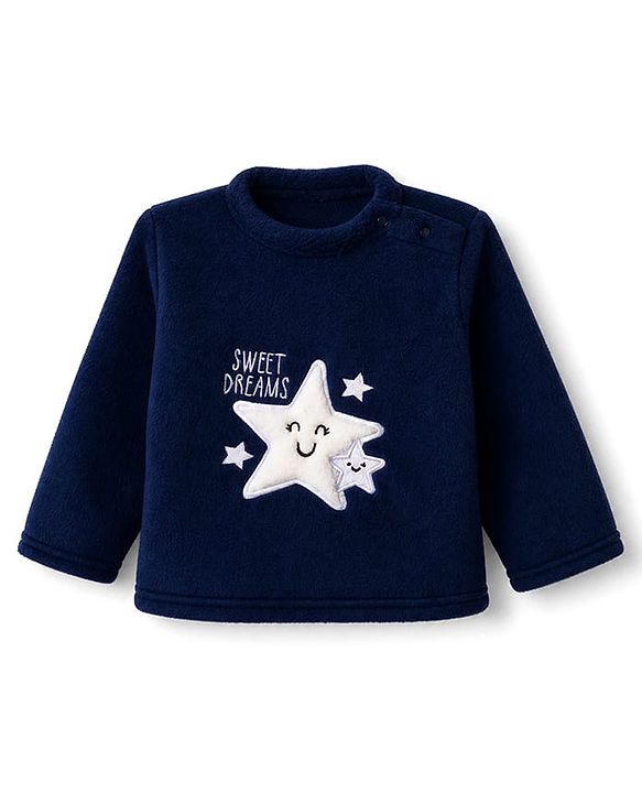 Babyhug Velour Knit Full Sleeves T-Shirt & Pyjama Winter Wear Night Suit with Star Patch - Navy Blue