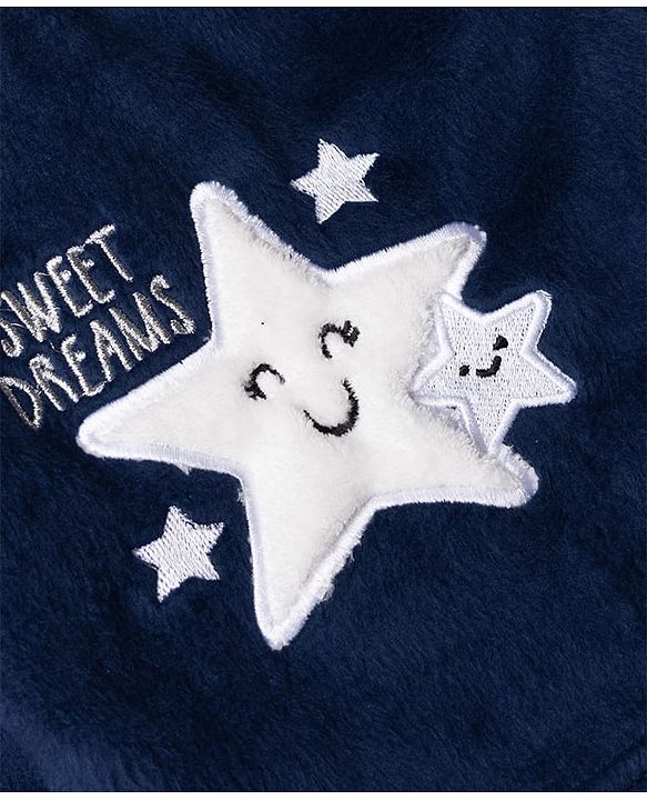 Babyhug Velour Knit Full Sleeves T-Shirt & Pyjama Winter Wear Night Suit with Star Patch - Navy Blue