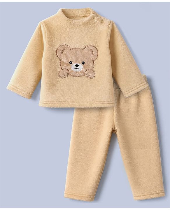 Babyhug Velour Full Sleeves T-Shirt & Pajama Set Nightwear with Bear Patch - Brown