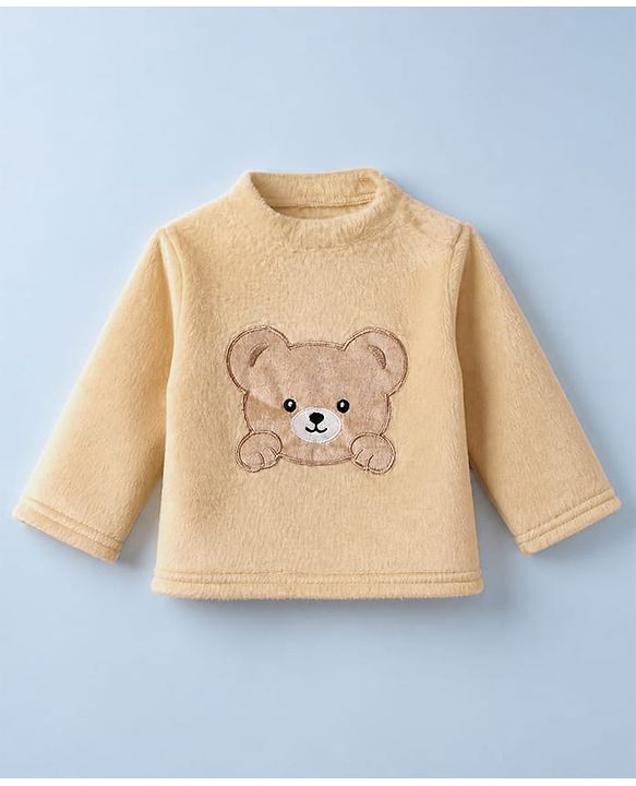 Babyhug Velour Full Sleeves T-Shirt & Pajama Set Nightwear with Bear Patch - Brown