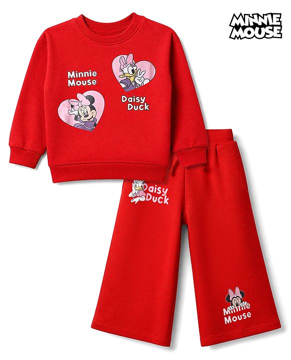 Babyhug Disney 100% Cotton Terry Knit Full Sleeves T-Shirt and Pant Set with Minnie Mouse and Daisy Duck Graphic - Red