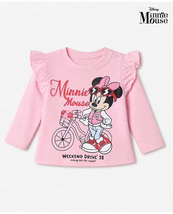 Babyhug Disney 100% Cotton Knit Full Sleeves T-Shirt with Frill Sleeves and Minnie Mouse Print - Light Pink