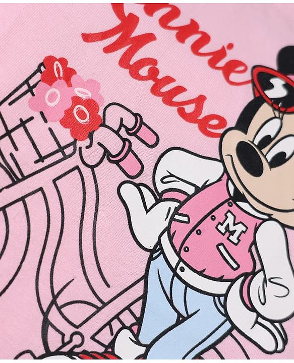 Babyhug Disney 100% Cotton Knit Full Sleeves T-Shirt with Frill Sleeves and Minnie Mouse Print - Light Pink