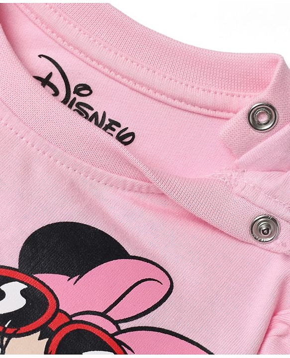 Babyhug Disney 100% Cotton Knit Full Sleeves T-Shirt with Frill Sleeves and Minnie Mouse Print - Light Pink