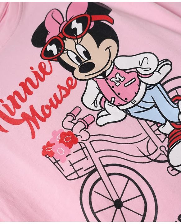 Babyhug Disney 100% Cotton Knit Full Sleeves T-Shirt with Frill Sleeves and Minnie Mouse Print - Light Pink